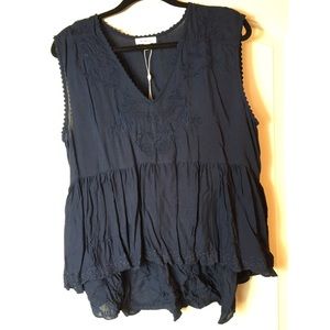 Max studio navy v-neck floral embroidered top